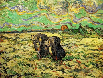 Dos campesinas cavando en el campo con nieve Vincent van Gogh Pinturas al óleo